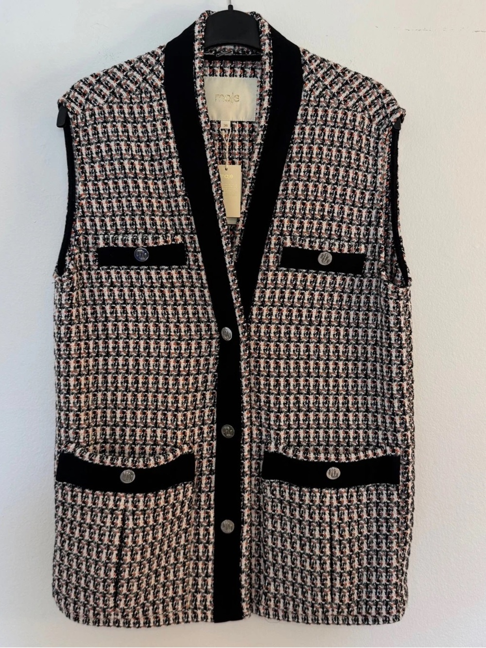 Maje Pink and Black Tweed Sleeveless Vest Jacket
